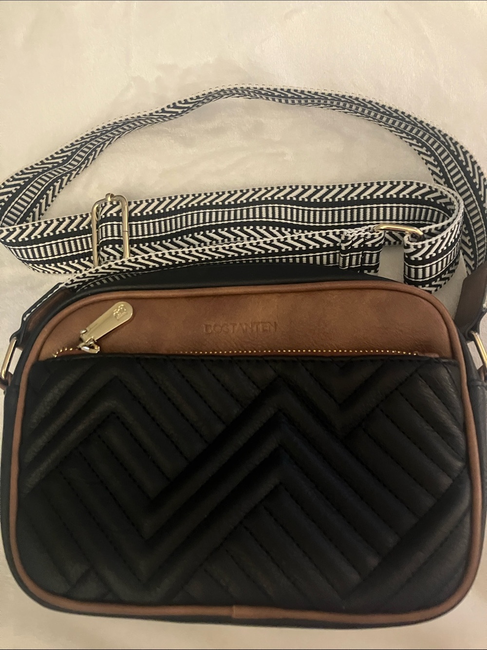 Bostanten Black and Brown Quilted Crossbody Bag with Patterned Strap